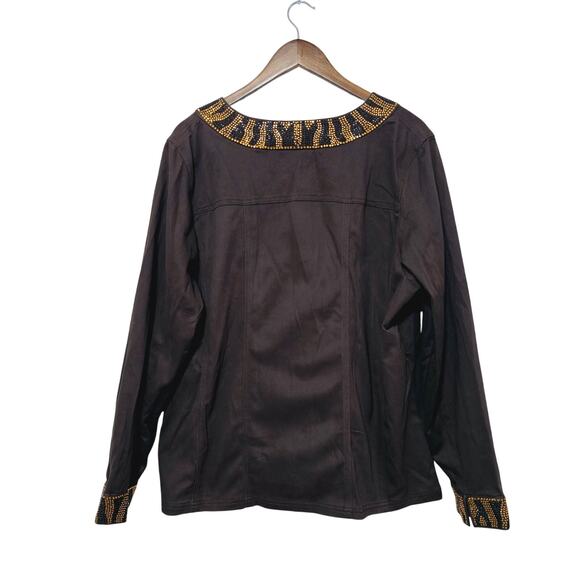 The Quacker Factory Brown Denim Jacket Size XL Animal Print Embellished Pockets - Picture 2 of 9